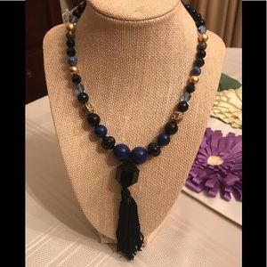 NWT SR graduated blue, black and gold bead necklace with tassle pendant